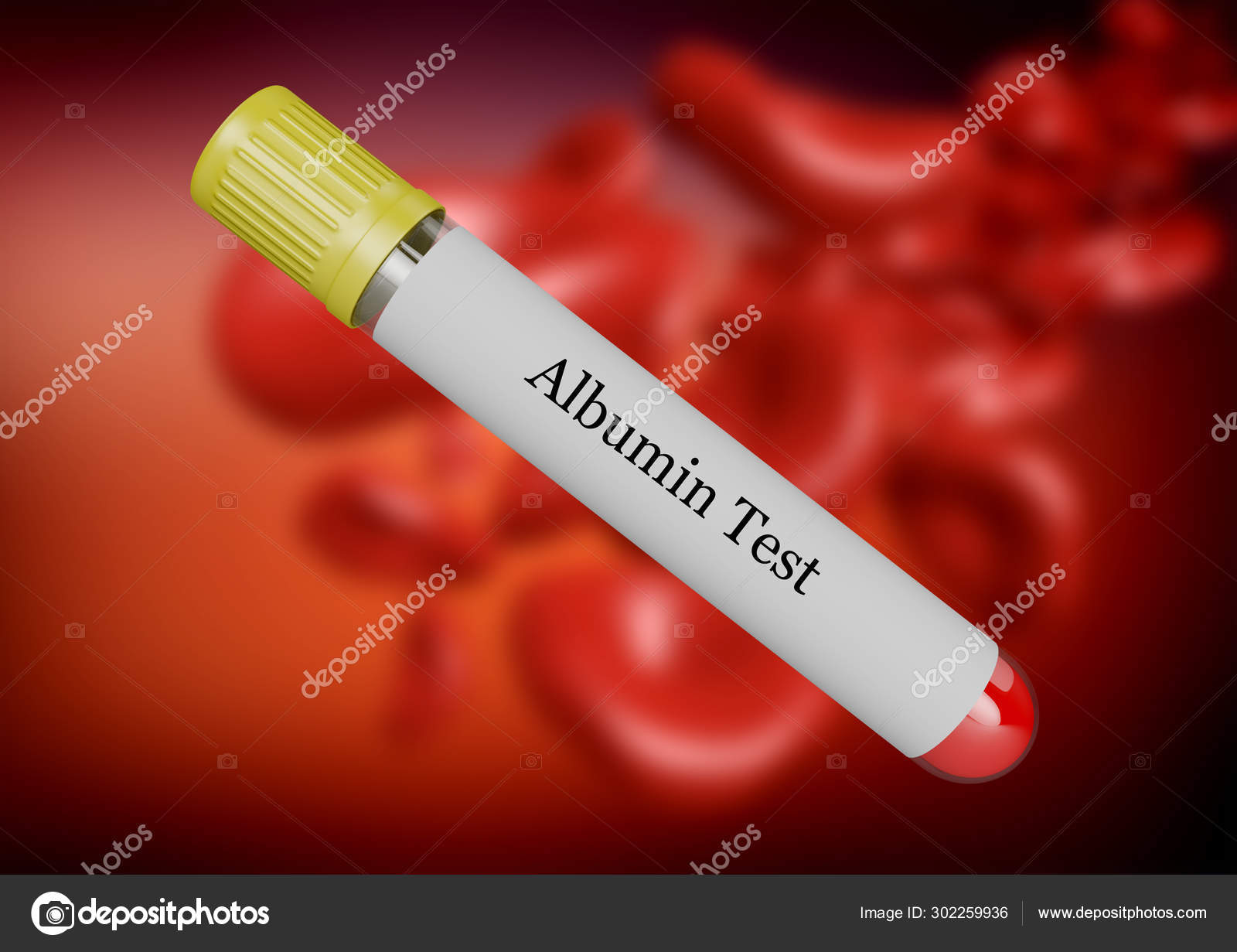 Albumin test in blood collected in test tube isolated by selective focus. 3d rendering